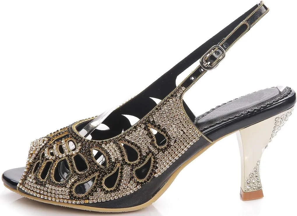 LizFoYa Women Peep Toe Cutout Dressy Pumps Shoes Crystal Evening Slingback Kitten Heels