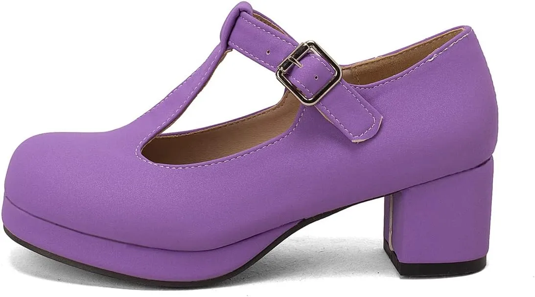 Low Chunky Heels for Women's T-Strap Round Toe Solid Mary Janes Pumps Wedding Dress Pumps