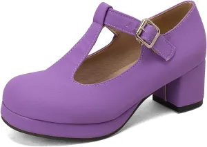Low Chunky Heels for Women's T-Strap Round Toe Solid Mary Janes Pumps Wedding Dress Pumps