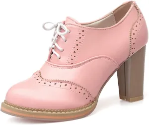 MIOKE Women's Chunky High Heel Oxford Pump Lace Up Wingtip Perforated Platform Vintage Brogues Dress Shoes