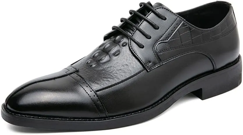 New Formal Oxford Shoes for Men Lace Up Cap Toe Split Toe Crocodile Print Burnished Toe Rubber Sole Non Slip Anti-Slip Block Heel Low Top Party