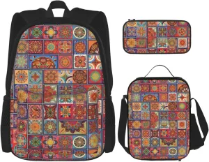 Premium Color small flowwer pattern Print 3-in-1 Backpack Set with Lunch Bag & Pencil Case Portable Bag Set