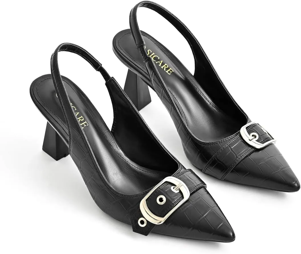 Slingback Kitten Heels for Women Closed Pointed Toe Pumps Dress Shoes with Buckle Strap Comfortable Slip On Sandal Heels for Work Party Wedding