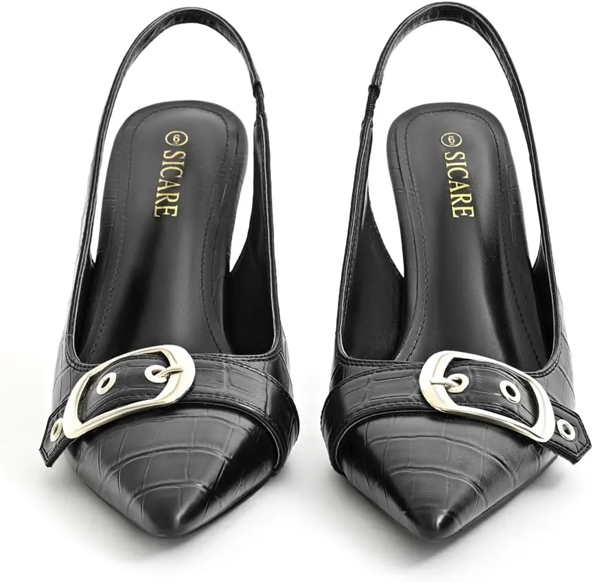 Slingback Kitten Heels for Women Closed Pointed Toe Pumps Dress Shoes with Buckle Strap Comfortable Slip On Sandal Heels for Work Party Wedding