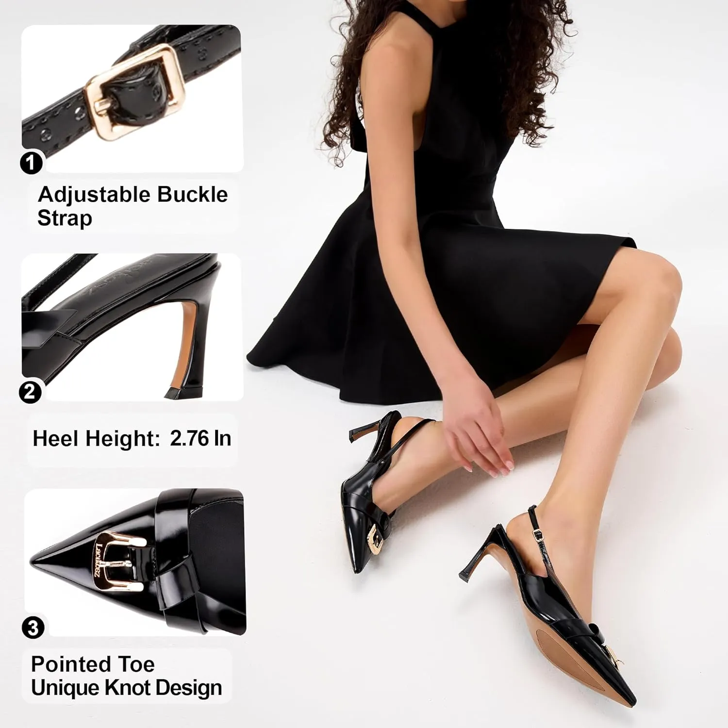 Slingback Kitten Heels for Women Closed Pointed Toe with Buckle Strap Low Heeled Sandals Pumps Party Evening Dress Shoes
