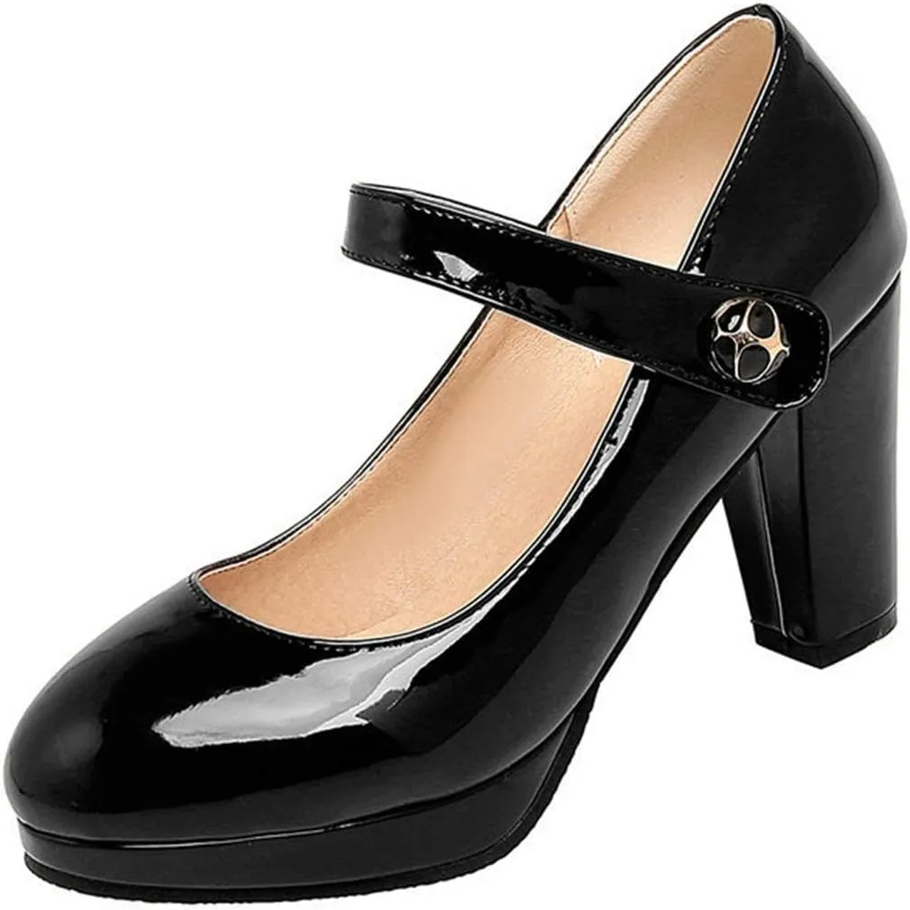 VOKLIN Women's Round Toe Platform Mary Jane Pumps Patent Leather Chunky Block High Heel Oxford Dress Shoes