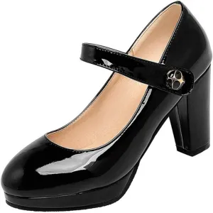 VOKLIN Women's Round Toe Platform Mary Jane Pumps Patent Leather Chunky Block High Heel Oxford Dress Shoes