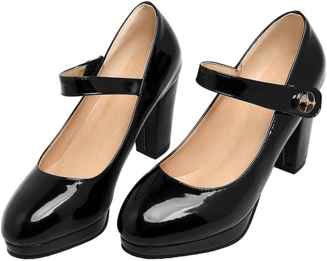 VOKLIN Women's Round Toe Platform Mary Jane Pumps Patent Leather Chunky Block High Heel Oxford Dress Shoes