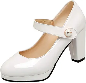 VOKLIN Women's Round Toe Platform Mary Jane Pumps Patent Leather Chunky Block High Heel Oxford Dress Shoes