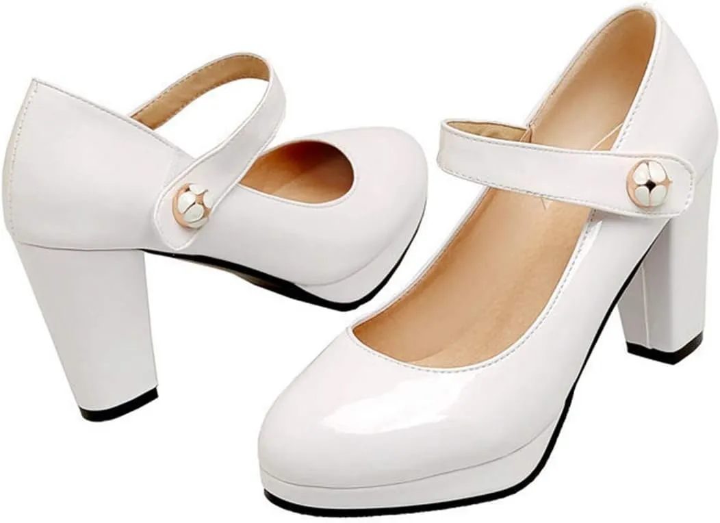 VOKLIN Women's Round Toe Platform Mary Jane Pumps Patent Leather Chunky Block High Heel Oxford Dress Shoes