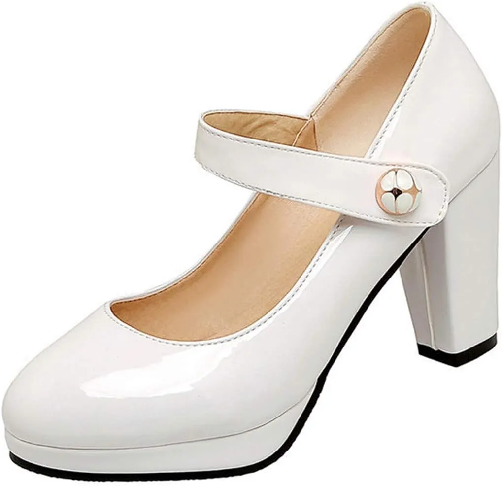 VOKLIN Women's Round Toe Platform Mary Jane Pumps Patent Leather Chunky Block High Heel Oxford Dress Shoes