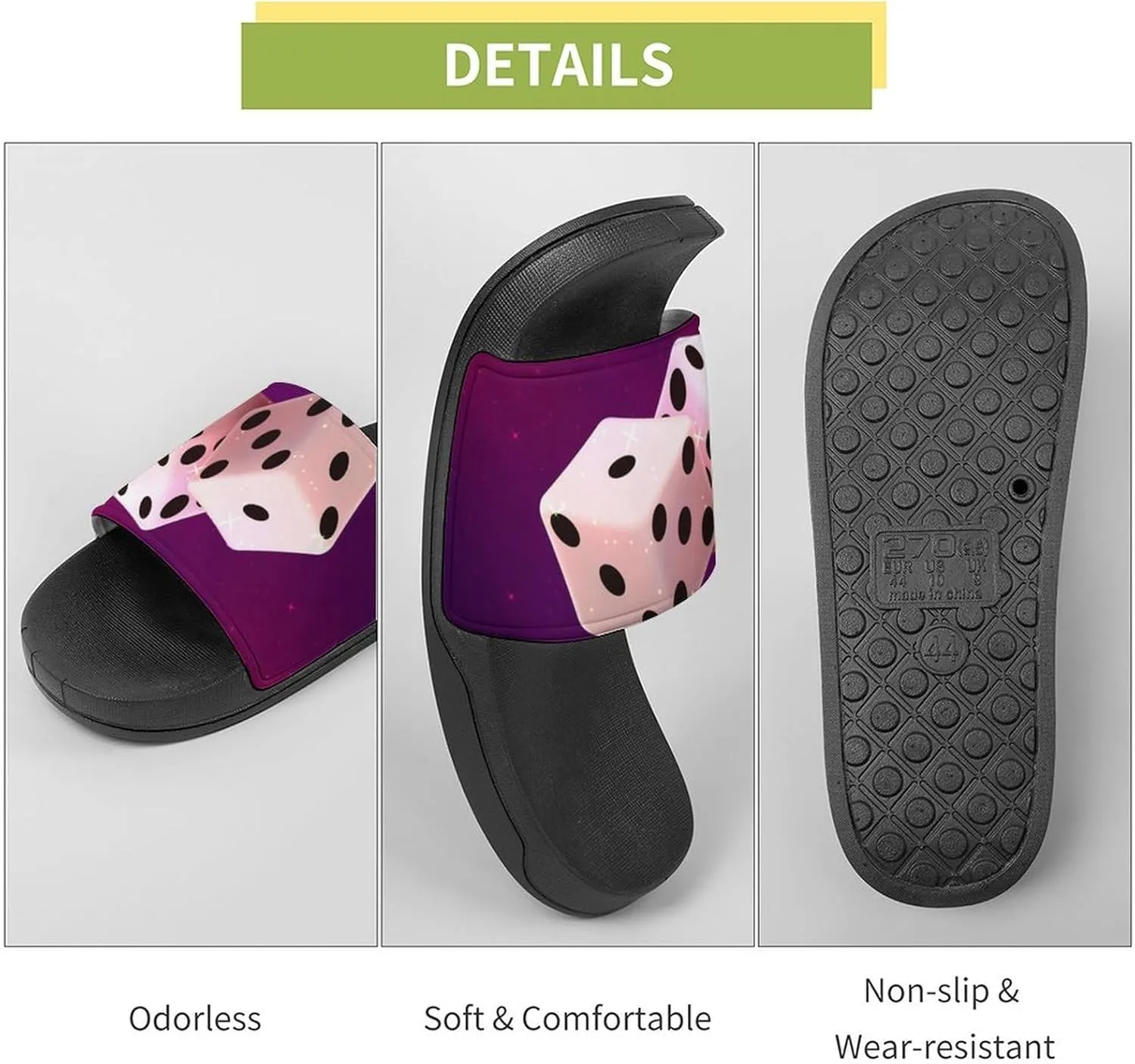 Women Men Slide Slippers Sandals Shower Home Beach House Shoes Gifts, Casino Dice Star Galaxy