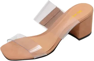 Women Open Square Toe Low Block Heel Sandals Transparent Double Straps Slip On Slide Mules Comfy Outdoor Leisure Shoes Size 4-16 US