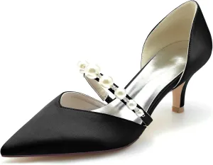Women Sexy Satin Evening Rhinestone Beads Kitten Heel Pumps Pointed Toe Slip on Slide Dress Shoes