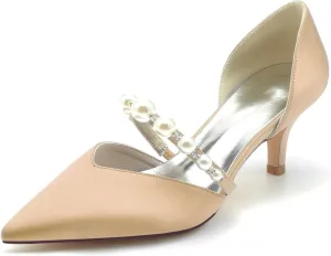 Women Sexy Satin Evening Rhinestone Beads Kitten Heel Pumps Pointed Toe Slip on Slide Dress Shoes