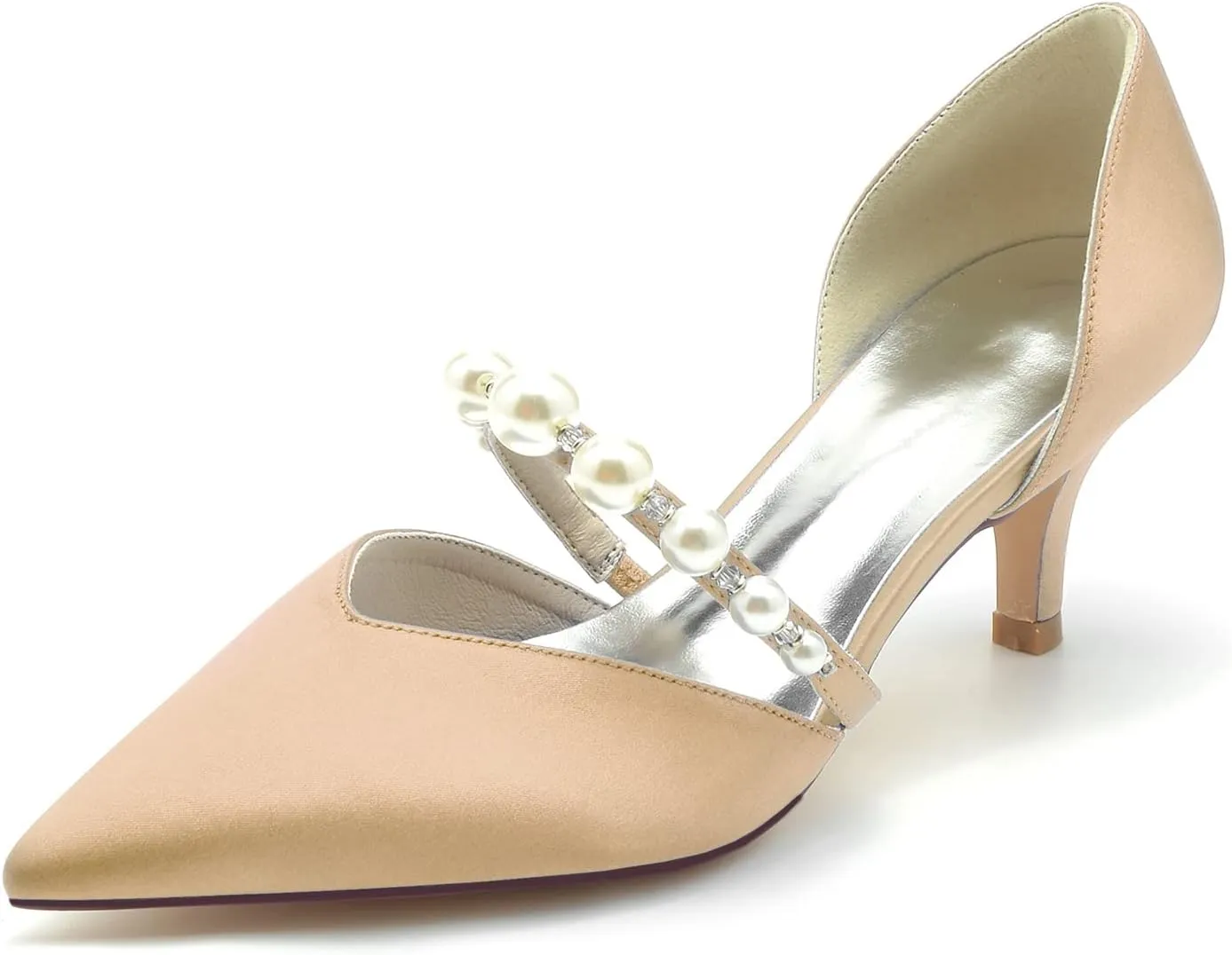 Women Sexy Satin Evening Rhinestone Beads Kitten Heel Pumps Pointed Toe Slip on Slide Dress Shoes