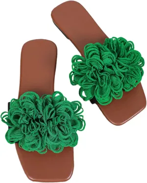 Women's Floral Applique Flat Sandals Leather Square Open Toe Slip On Slide Sandal Dressy Shoes