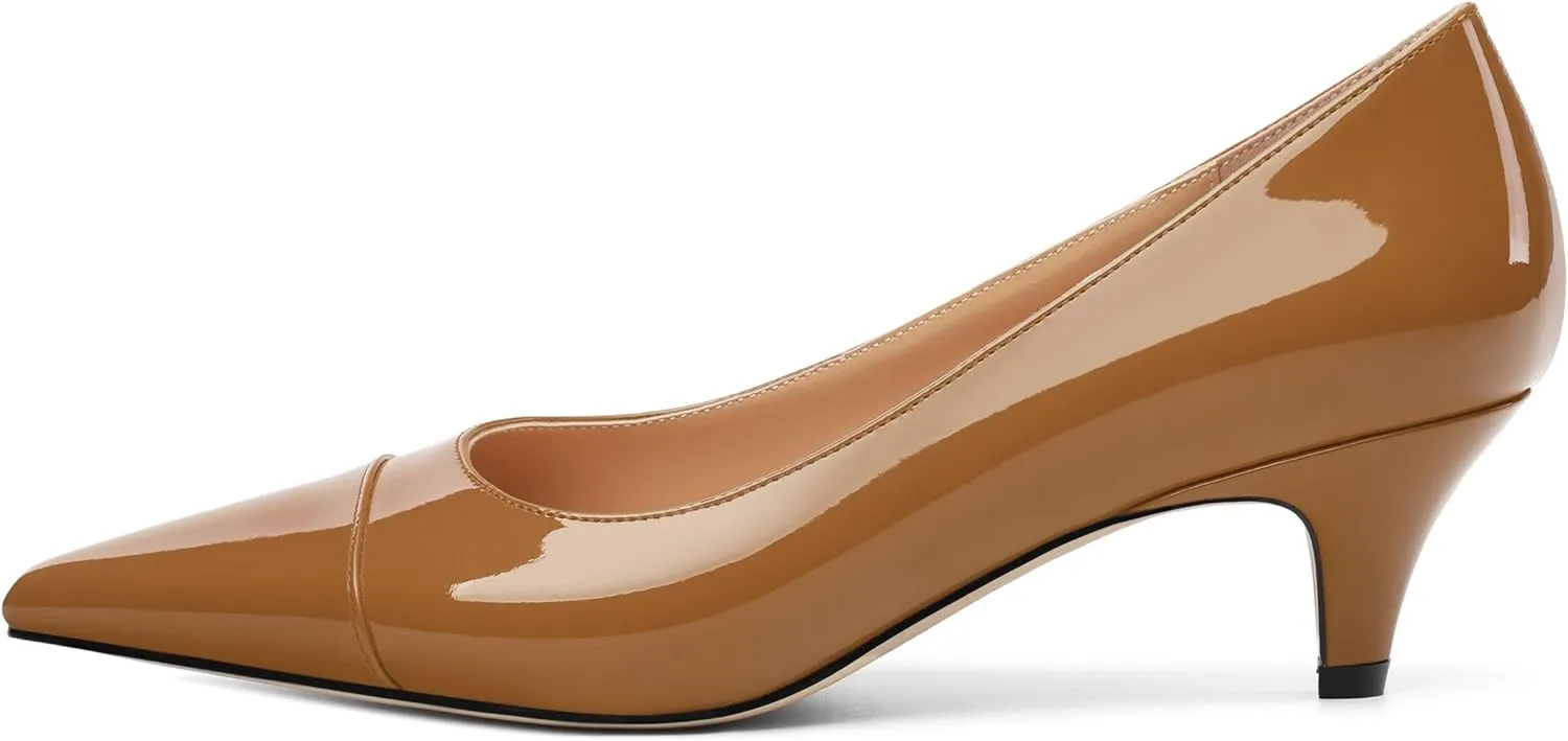 Womens Low Kitten Heels Pumps Pointed Toe Slip On Patent Leather Dressy Shoes 2 Inch