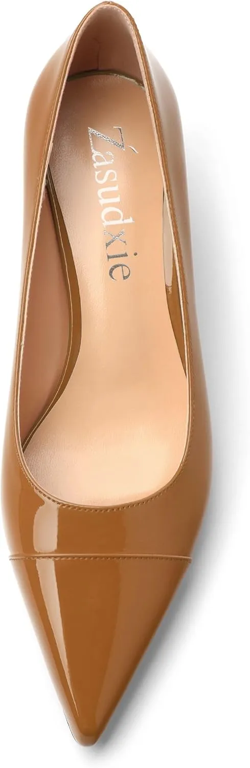 Womens Low Kitten Heels Pumps Pointed Toe Slip On Patent Leather Dressy Shoes 2 Inch