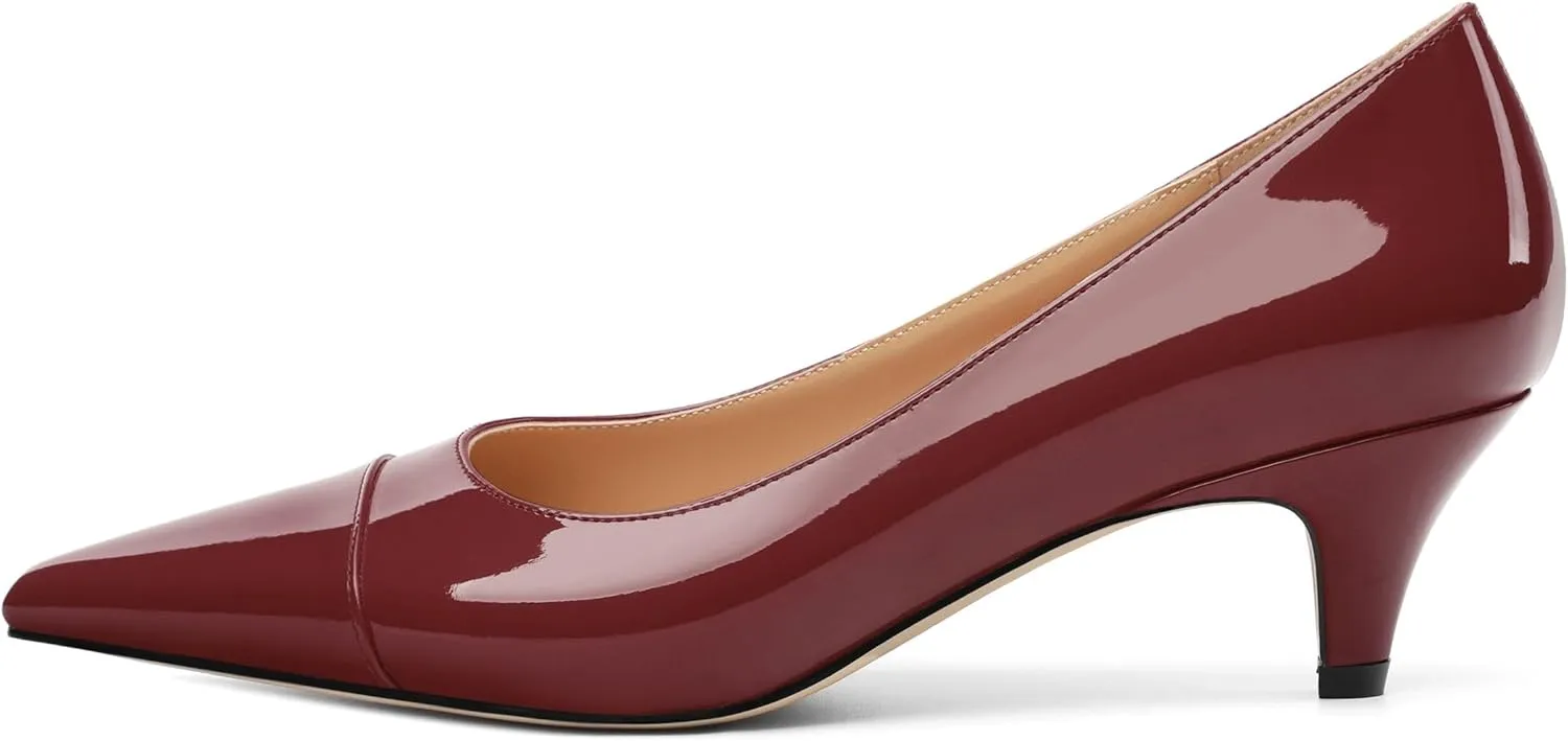 Womens Low Kitten Heels Pumps Pointed Toe Slip On Patent Leather Dressy Shoes 2 Inch
