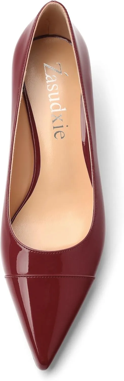 Womens Low Kitten Heels Pumps Pointed Toe Slip On Patent Leather Dressy Shoes 2 Inch