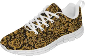 Womens Tennis Shoes Sneaker with Gold Luxury Flower Floral Print Mesh Lace Up Running Shoes Gifts for Mom,Men Size 9.5,Women Size 11