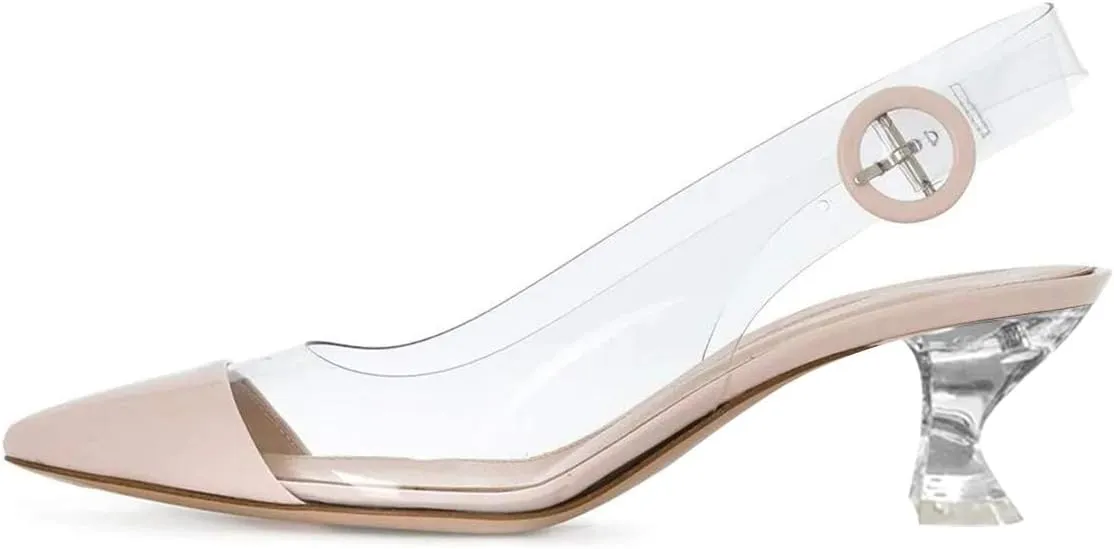 XYD Women Transparent Slingback Clear Low Heels Pumps Pointed Toe PVC Dress Block Sandals Shoes with Buckle