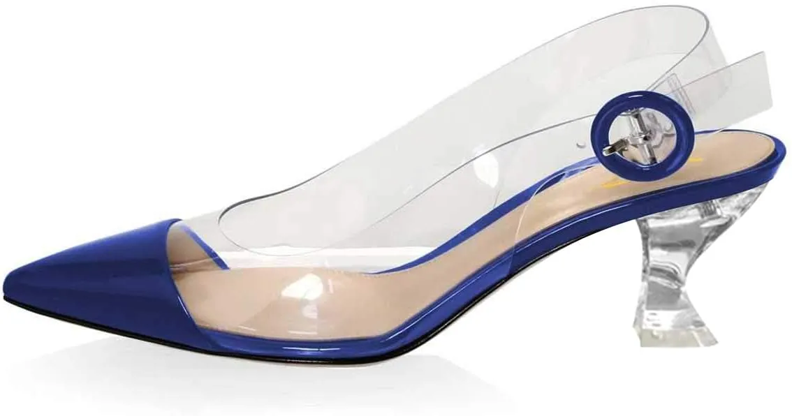 XYD Women Transparent Slingback Clear Low Heels Pumps Pointed Toe PVC Dress Block Sandals Shoes with Buckle